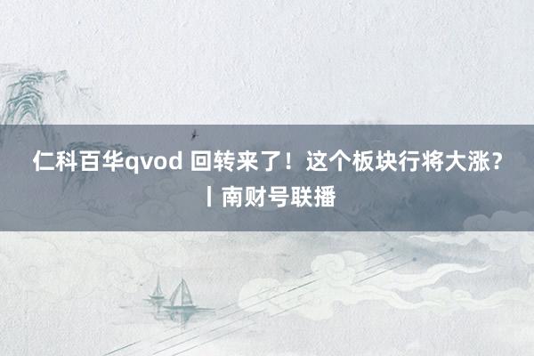 仁科百华qvod 回转来了！这个板块行将大涨？丨南财号联播